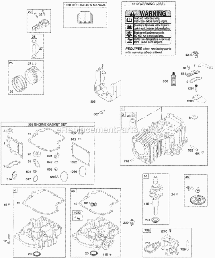 Crankshaft Cylinder Engine Sump Gasket Set - Engine OperatorS Manual Piston Rings Connecting Rod Warning Label Diagram and Parts List for 31D707-0193-E1  Briggs and Stratton Engine
